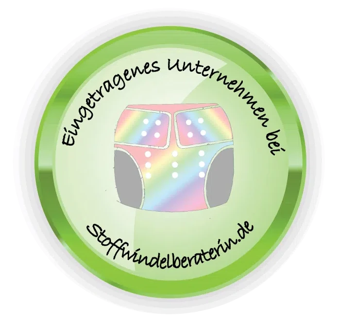 Das Logo von Stoffwindelberaterin.de. 
      Bunte Windel auf grünem Grund.